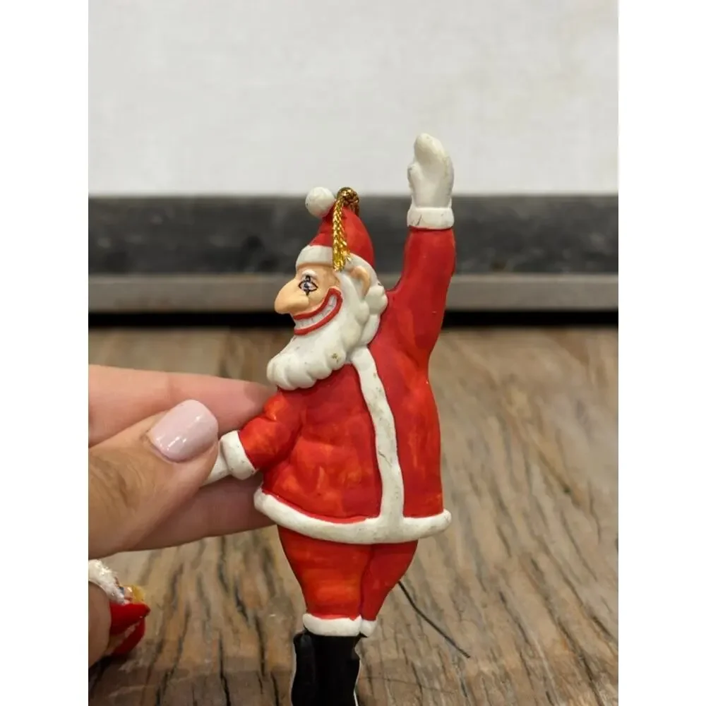 Lot 2 Vintage Santa Claus Christmas Ornaments Flocked Knee Hugger Plastic Decor